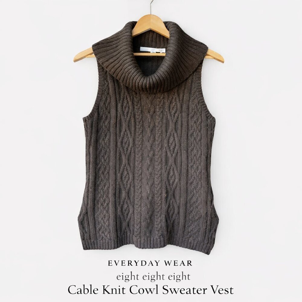 Cable Knit Cowl Neck Sweater Vest Gray Chunky 100% Cotton Layering Top S